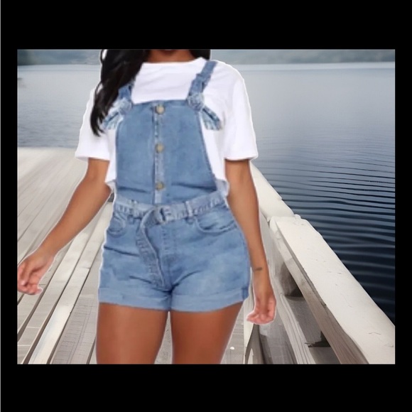 90’s Style Trend Stone Wash Style Button High Waist Overalls Demin Jumper Shorts - Picture 1 of 16